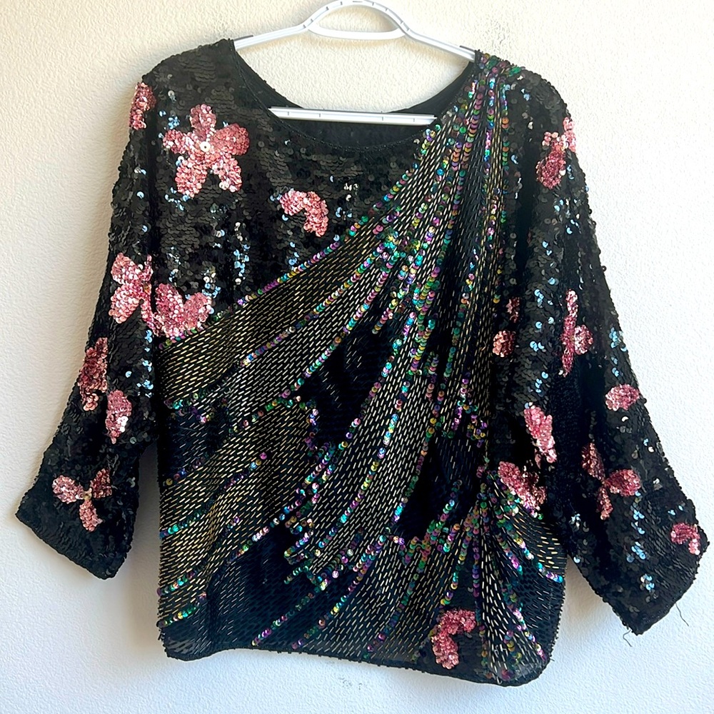 Vintage Handmade Black Multicolor Floral Sequin Beaded Disco 70s  Blouse